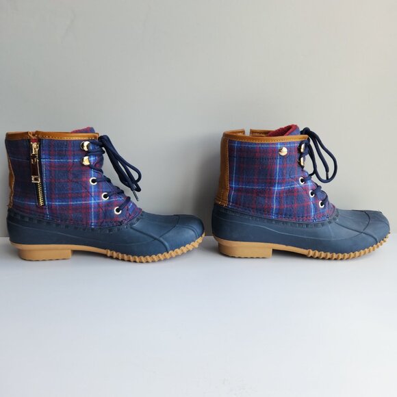 Tommy Hilfiger ROAN Size 9 Navy Plaid Lace Up Duck Boot Faux Fur Lined Rain Boot - Picture 3 of 11